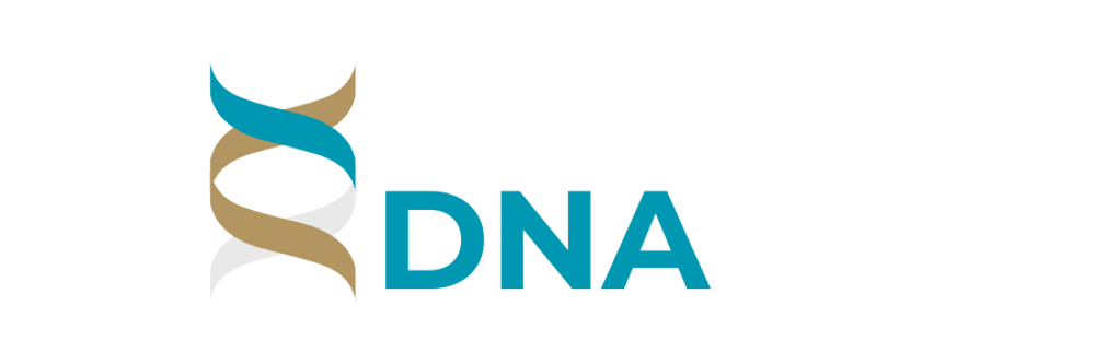 Logo Praxis DNA mit stilisierter DNA-Doppelhelix in Blau, Braun und Weiß.