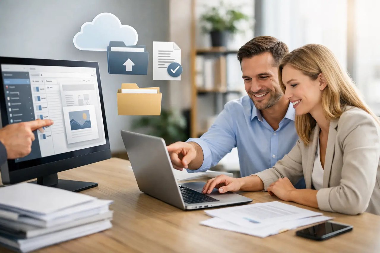 Zwei lächelnde Büroangestellte nutzen einen Laptop mit schwebenden Cloud-, Ordner- und Dokument-Icons für Datenspeicherung.