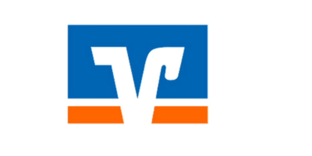 Blaues und orangefarbenes Logo mit einem stilisierten "V" in der Mitte.