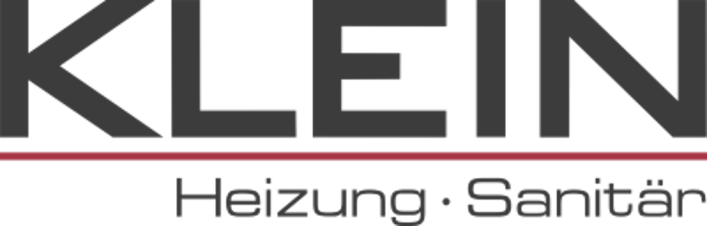 Logo mit "KLEIN" in Grau über roter Linie, darunter "Heizung · Sanitär" in Hellgrau auf grünem Hintergrund.