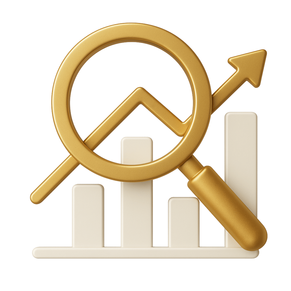Goldene Lupe über einem beigefarbenen Balkendiagramm, das einen ansteigenden Trendpfeil zeigt.