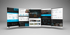 Fünf Website-Layouts mit blauen und schwarzen Elementen, auf einem weißen Hintergrund schwebend.