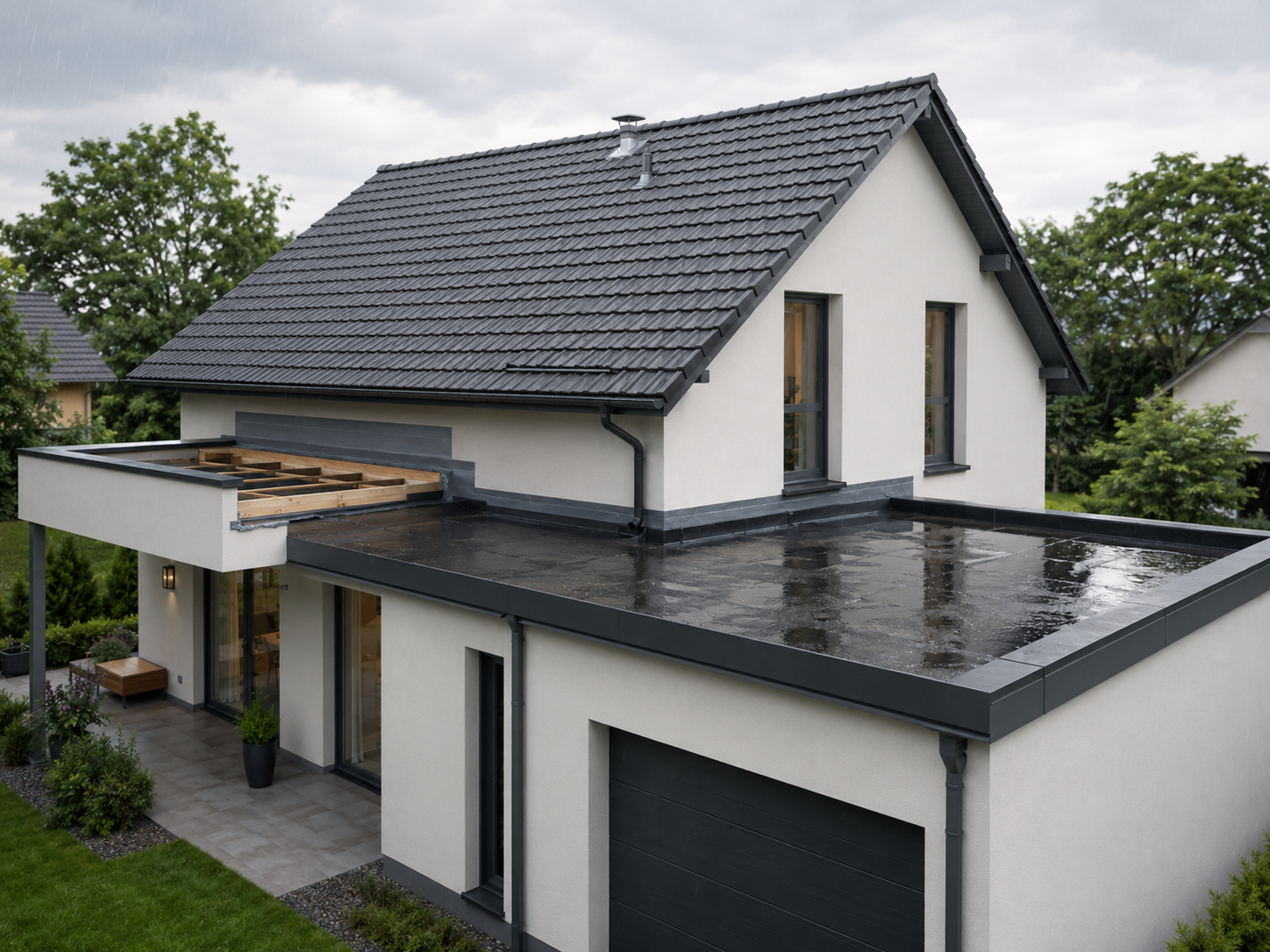 Abgedichtetes Flachdach im Regen