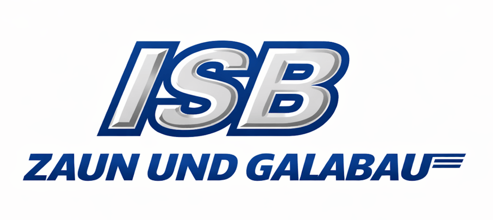 ISB Zaun und Galabau Logo mit grauen Buchstaben und blauem Rand über dem Text "ZAUN UND GALABAU" in Blau.