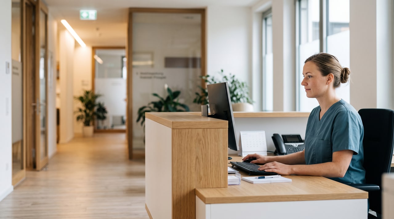 Mitarbeiterin am Empfangstresen einer modernen Zahnarztpraxis bei der Terminorganisation am Monitor.
