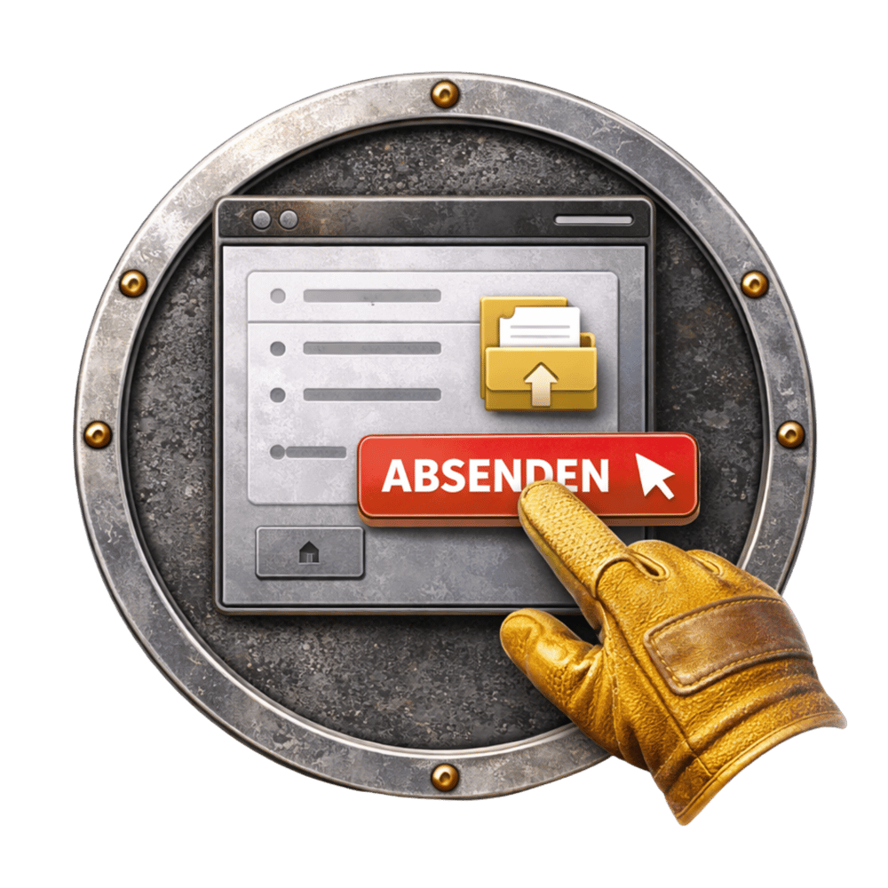 Hand mit gelbem Handschuh klickt auf roten Absenden-Button in einem Fenster auf metallischem Kreis.