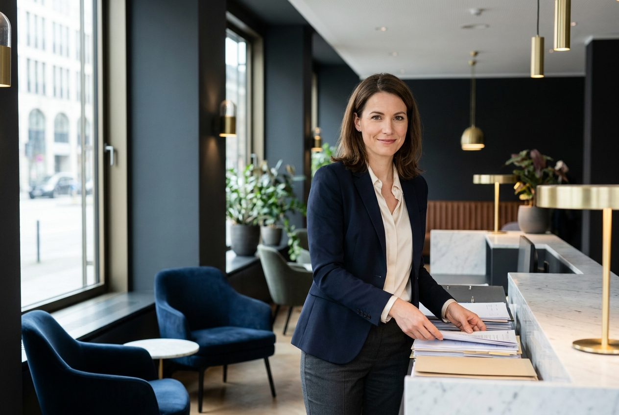 Office Managerin der BSG Nord in ihrem Büro in Hamburg