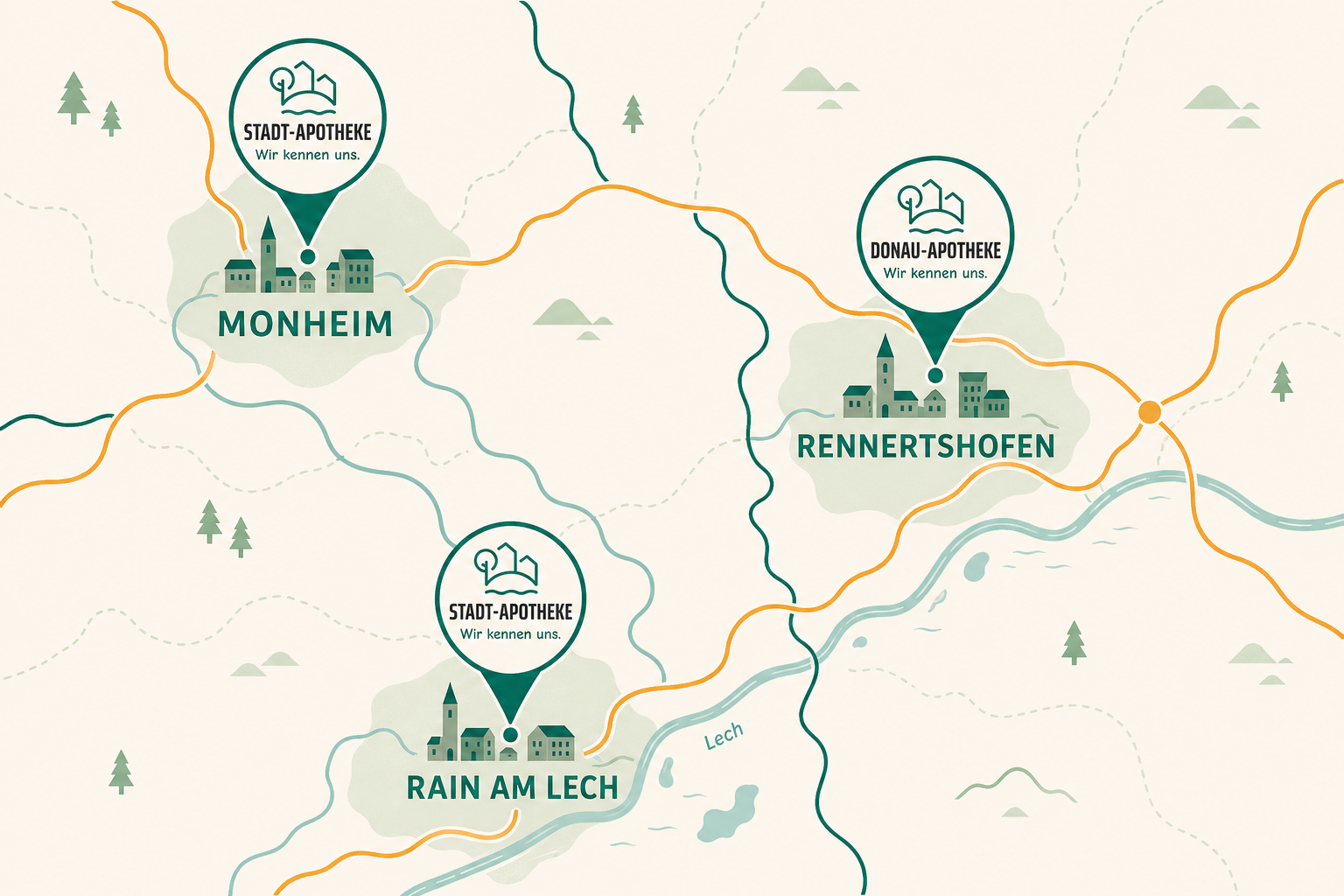 Karte mit den drei Standorten der Stadt-Land-Fluss-Apotheken