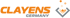 Orangefarbenes "CLAYENS" und graues "GERMANY" Logo mit stilisiertem Trichter und herabfallenden Quadraten.