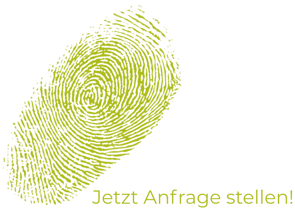 Grüner Fingerabdruck auf dunkelgrünem Hintergrund, Text: Jetzt Anfrage stellen!