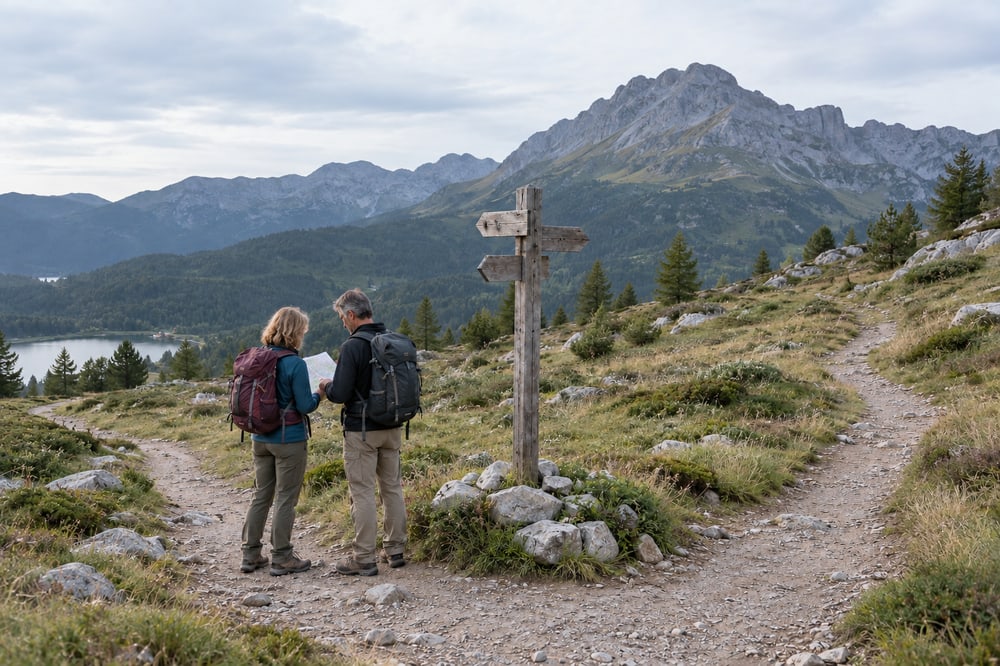 Zwei Menschen betrachten gemeinsam eine Karte an einer Weggabelung vor einem Berg – Symbolbild für Orientierung und Begleitung.
