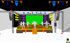 Eine 3D-Modellierung einer Bühne mit Band, Lichtanlage, Lautsprechern und grünem Bildschirm.