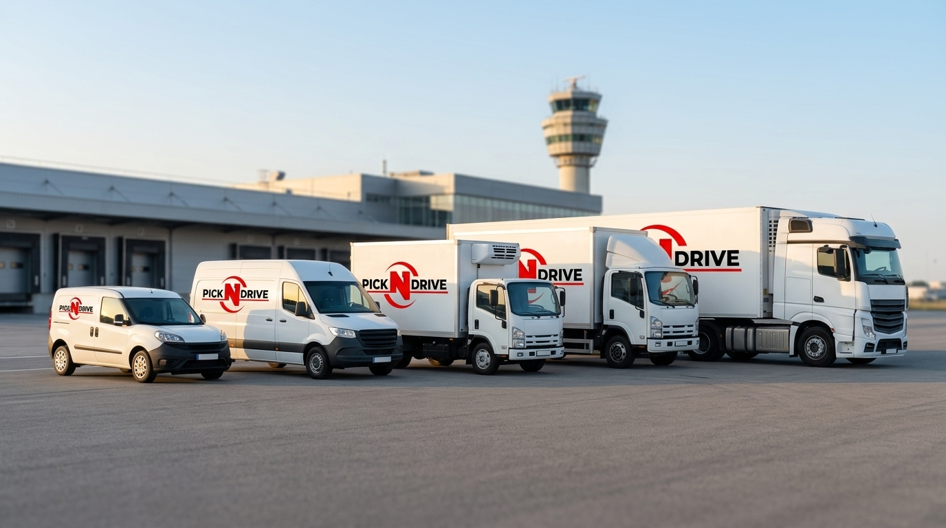 Die gesamte Fahrzeugflotte der Pick 'N' Drive GmbH vor dem Zürich Flughafen