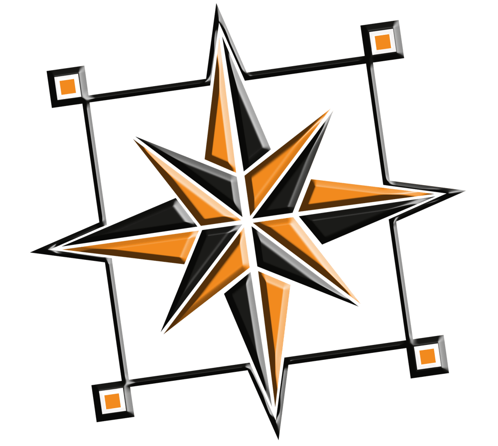 Eine stilisierte, orange-schwarze Kompassrose mit acht Zacken in einem quadratischen Rahmen.