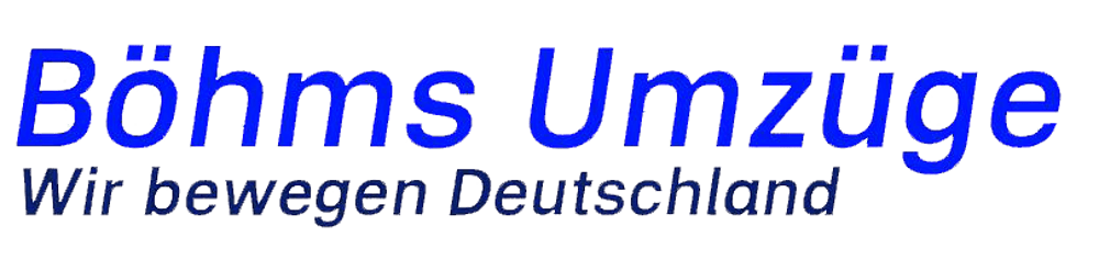 "Böhms Umzüge Wir bewegen Deutschland" in blauer Schrift auf dunkelgrünem Hintergrund.