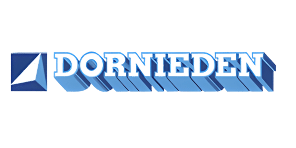 DORNIEDEN-Logo mit blauem Text in 3D-Optik und einem blauen Quadrat mit weißem Segelboot-Symbol.
