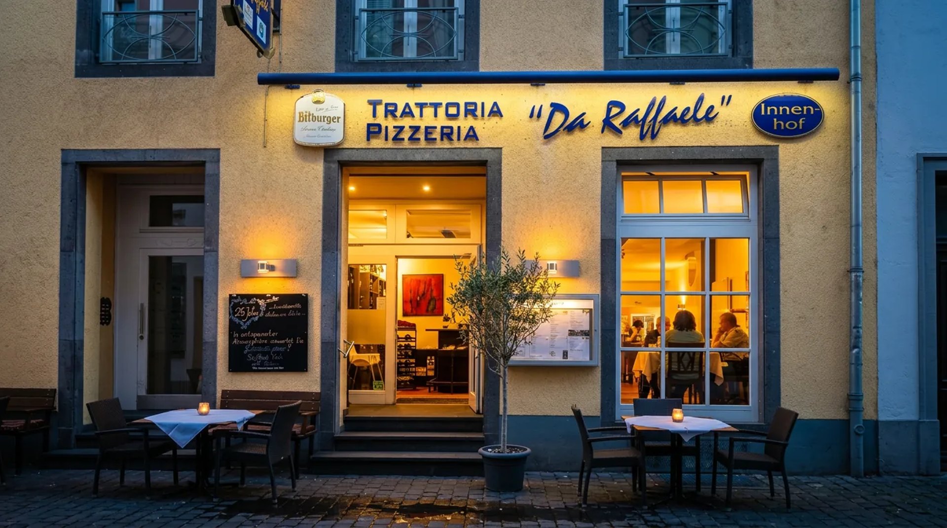 Trattoria da Raffaele Koblenz – Aussenansicht in der Altstadt zur blauen Stunde
