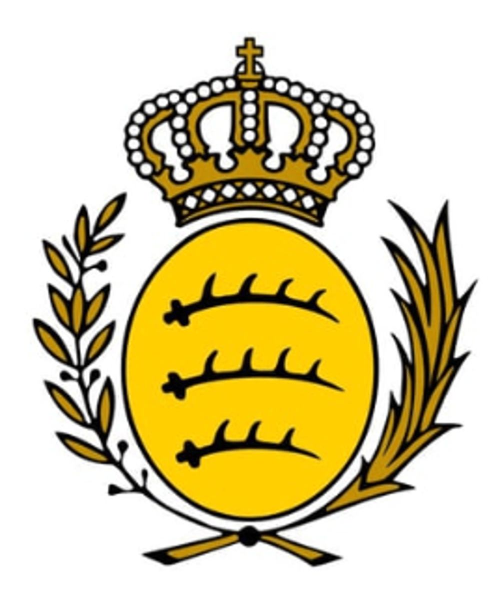 Goldenes Wappen mit drei Hirschgeweihen auf gelbem Schild, umrahmt von Lorbeer- und Palmenzweigen, gekrönt.