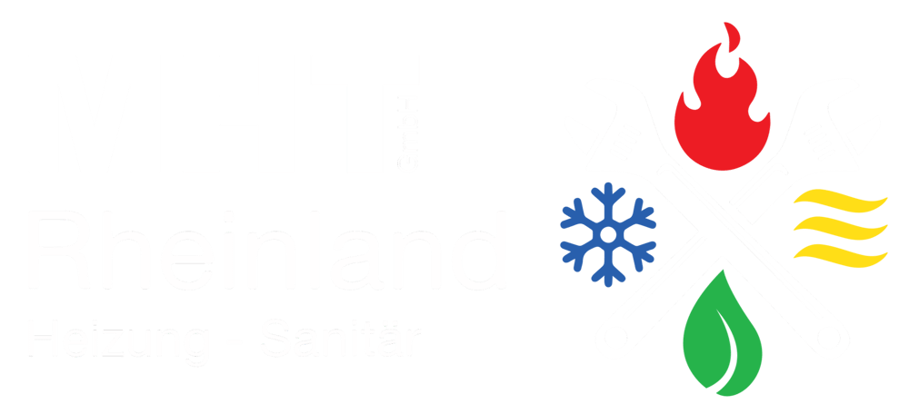 Logo: "MHT GmbH Rheinland Heizung - Sanitär" mit gekreuzten Schraubenschlüsseln, Flamme, Schneeflocke, Blättern, Wellen.