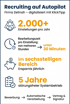 Infografik "Recruiting auf Autopilot" zeigt Vorteile: 2.000+ Einstellungen, Bearbeitung unter 30 Min., sechsstellige Ersparnis, 5 Jahre störungsfreier Systembetrieb.