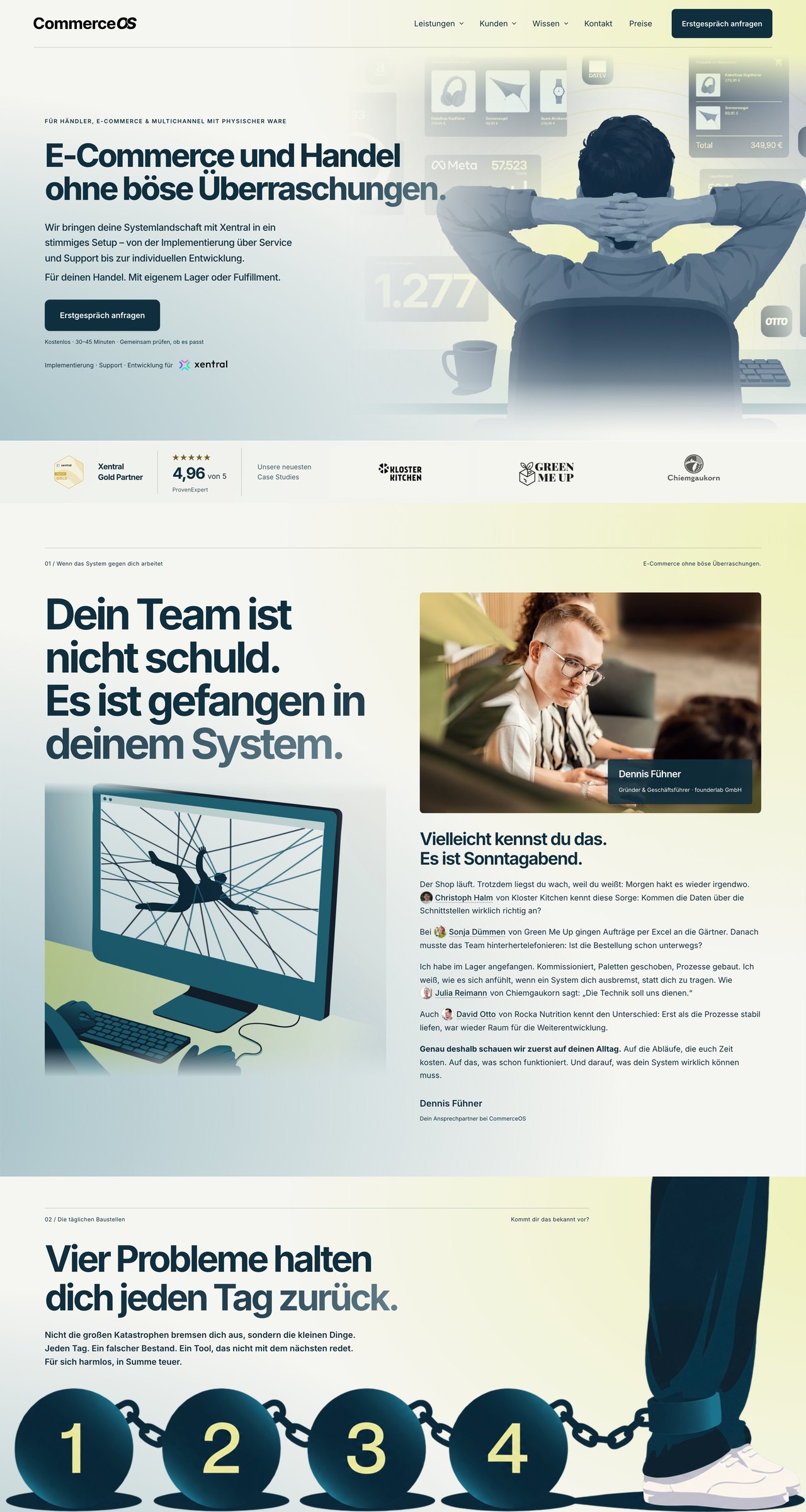 CommerceOS website, first three screens
