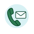 Grüner Telefonhörer neben einem weißen Briefumschlag in einem Kreis.