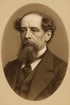 Sepiafarbenes Porträt von Charles Dickens mit Bart, Haaren und Anzug, das nach links blickt.