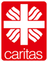 Rotes Caritas-Logo mit weißem Kreuz und vier Wellenformen, darunter der Schriftzug "caritas" in Weiß.