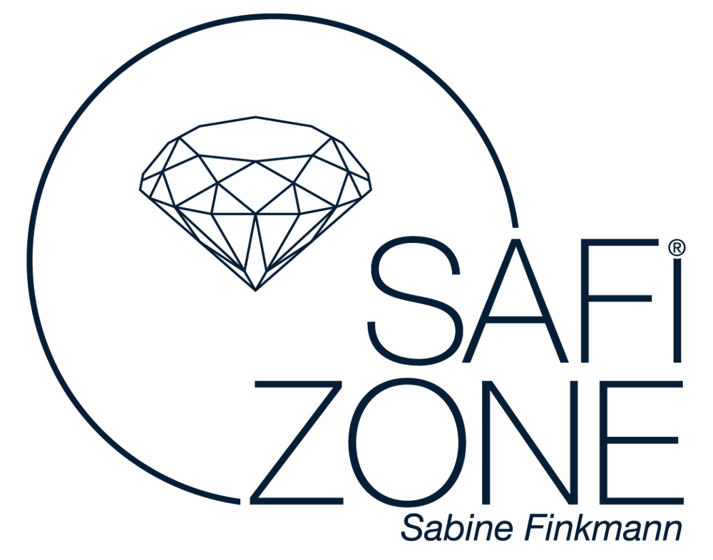 Dunkelblaues Logo mit Diamanten in einem Kreis, Text "SABINE FINKMANN Beratung im Gesundheitswesen".