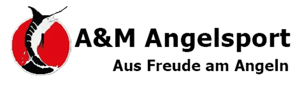 Logo: A&M Angelsport, Aus Freude am Angeln, mit einem stilisierten Schwertfisch in einem roten Kreis.