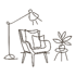 Symbol Sessel, Leuchte und Pflanze für die Möbel- und Textilbestellung