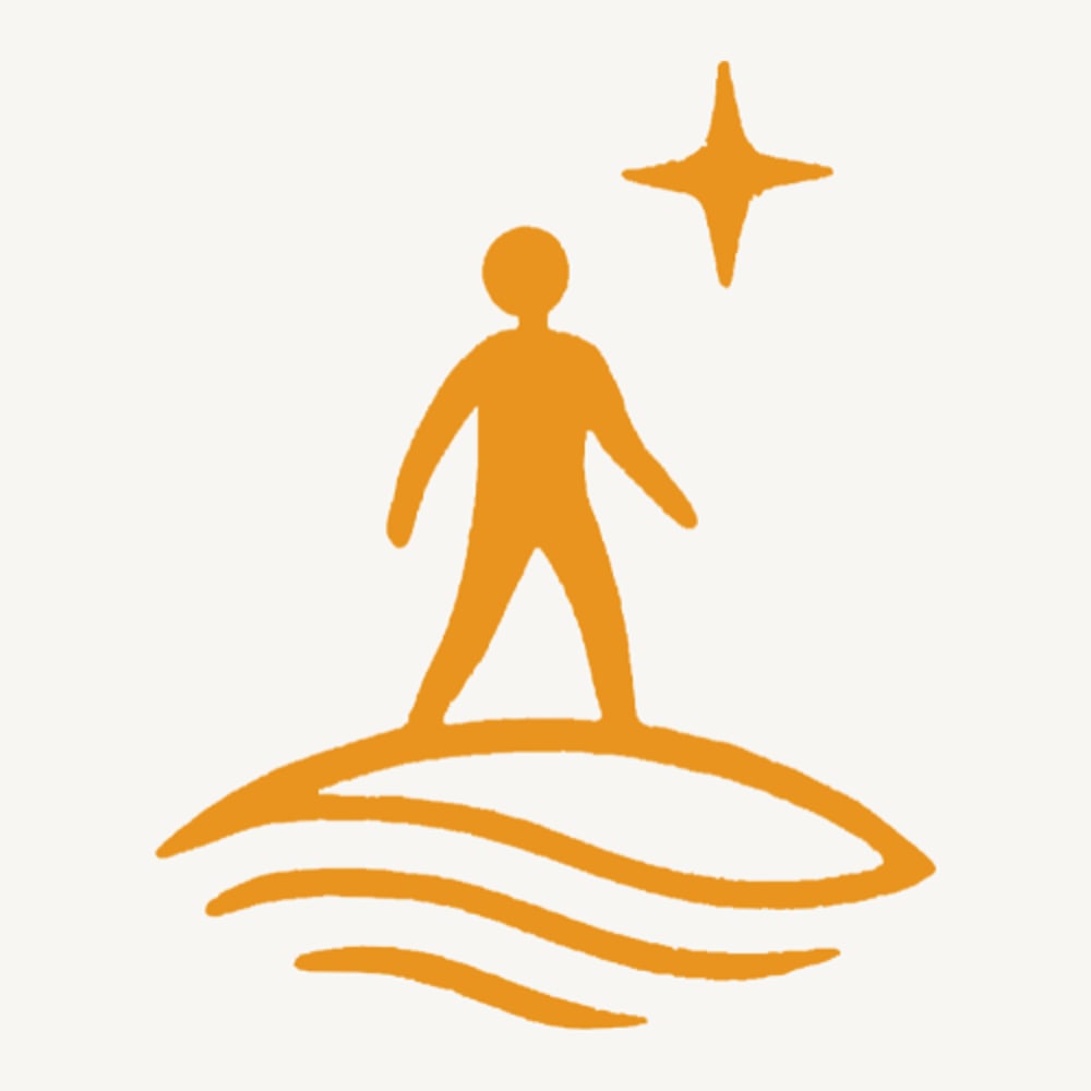Orange stick figure person standing on three wavy lines, looking at a four-pointed star.