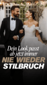 Brautpaar schaut sich lächelnd an, sie hakt sich bei ihm ein. Text: Dein Look passt ab jetzt immer NIE WIEDER STILBRUCH.
