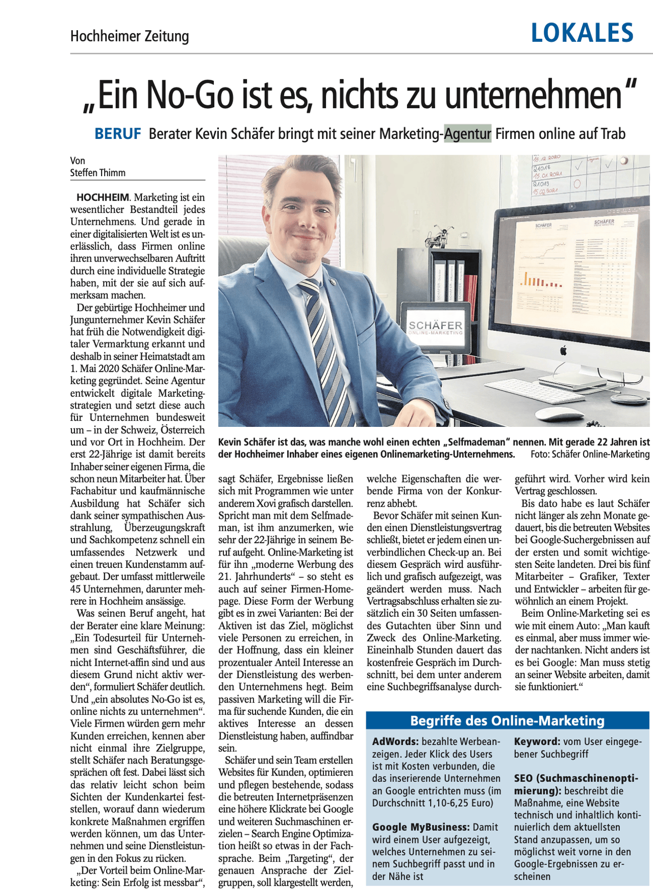 Faksimile des Zeitungsartikels über Schäfer Online-Marketing in der Hochheimer Zeitung