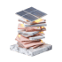 Ein Stapel rosafarbener Ordner und Papiere mit einem Solarmodul oben auf einem Marmorsockel.