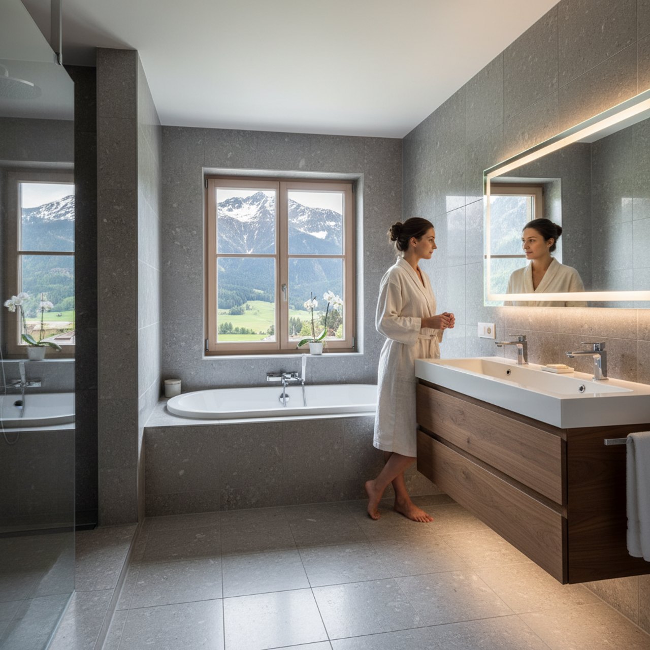 Badezimmer mit Badewanne, Whirlpool und Spiegelschrank