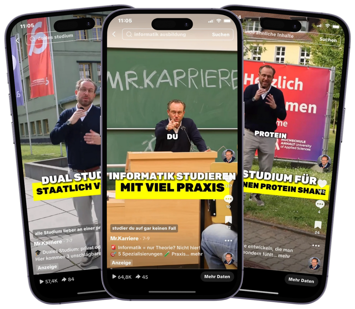 Drei Videos der Hochschule-Anhalt-Kampagne auf Smartphones
