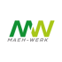 Grüne Großbuchstaben "MW" über dem Text "MAEH-WERK" in Dunkelgrau auf dunklem Hintergrund.