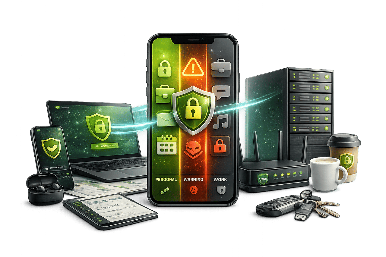 Smartphone, Laptop und Server mit grünen Schlössern als Sinnbild für zentral verwaltete und abgesicherte Firmengeräte