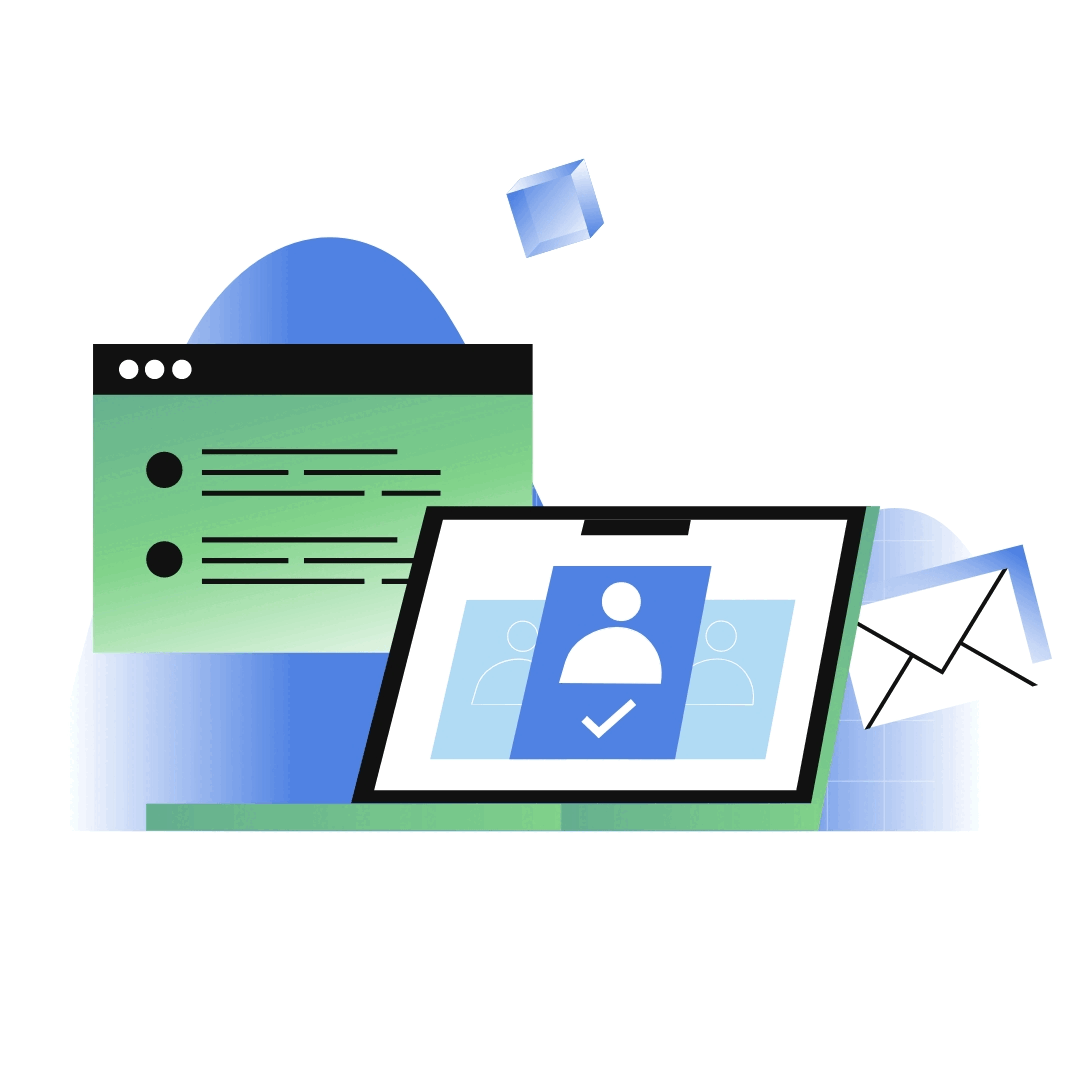 Grüner Laptop mit wechselndem Bildschirm und einer Website dahinter. Daneben schwebt ein Brief.