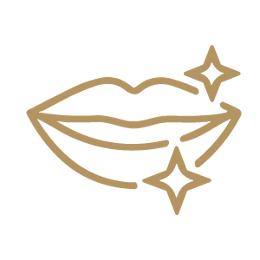 Goldene Linienzeichnung eines lächelnden Mundes mit zwei funkelnden Sternen auf schwarzem Hintergrund.