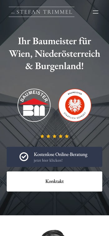 Website von Baumeister Trimmel in der Handy-Ansicht