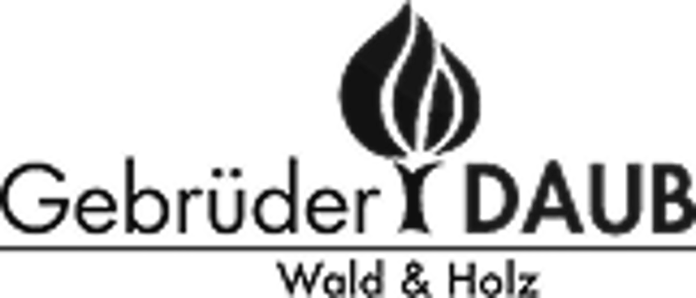Schwarzes Logo mit Text "Gebrüder DAUB" über "Wald & Holz" und stilisierter Flamme, die an einen Baum erinnert.
