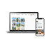 Objektfotos von Immobilien auf der Website von Block & Klippel, präsentiert in einer Galerieansicht und ergänzt durch Social-Media-Inhalte von Küstencontent, die auf einem Laptop und Smartphone gezeigt werden.
