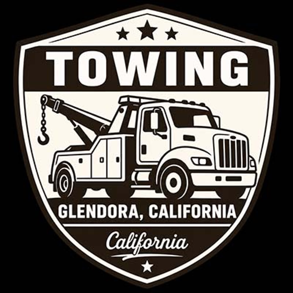 Glendora, California towing shield logo featuring a tow truck with a hook, three stars, and the word California.