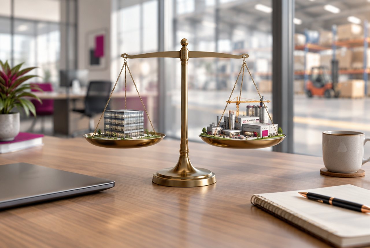 Messing-Waage auf einem Schreibtisch mit einem kleinen Bürogebäude-Modell und einem größeren Industriekomplex-Modell – Symbol für den Vergleich zweier ERP-Systeme