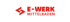 Logo von E-WERK MITTELBADEN in Rot auf dunkelgrünem Hintergrund, mit einem stilisierten Blitzsymbol.