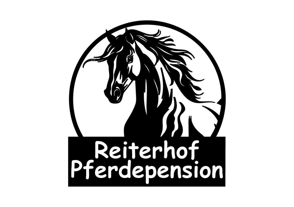 Schwarzes Pferd in einem Kreis mit dem Text "Reiterhof Pferdepension" darunter.