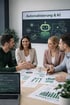 Vier Personen sitzen an einem Tisch mit Diagrammen und einem Laptop, während ein Bildschirm "Automatisierung & KI" und einen grünen Roboter anzeigt.