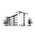 Schwarz-Weiß-Skizze eines fünfstöckigen Wohnhauses mit Balkonen und Bäumen auf jeder Seite.